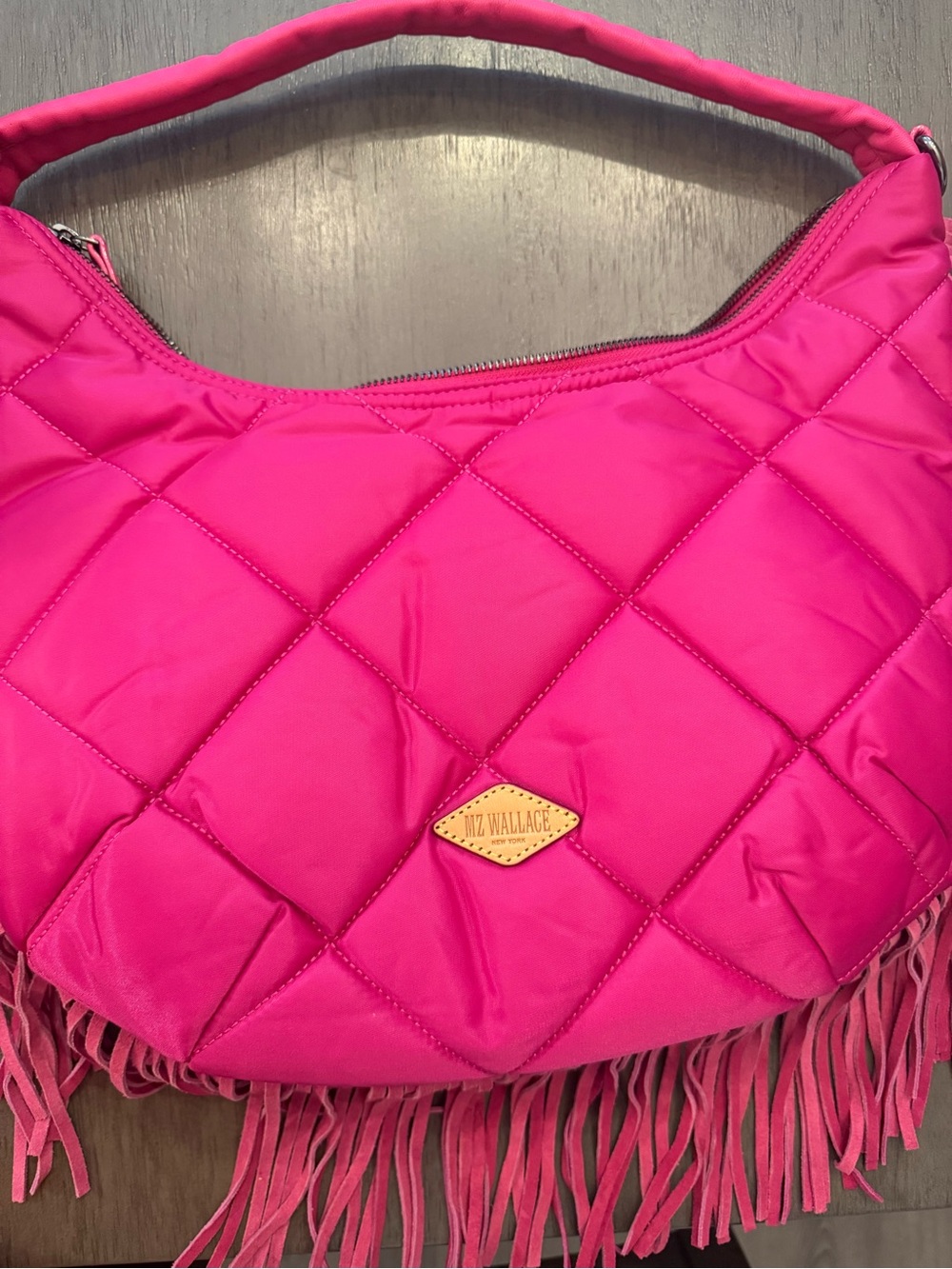 MZ Wallace Fuchsia Quilted Fringe Hobo Crossbody Bag - Picture 3 of 8